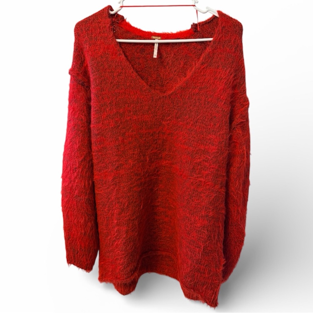 Free People Sparrow Pullover Fuzzy V-neck Sweater. XS Red.‎ Oversized. Boho. - Picture 3 of 7
